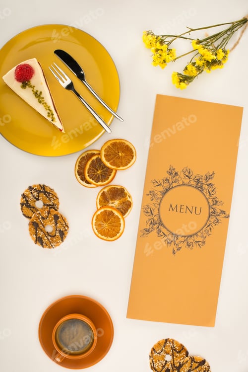 Preview: top view of decorative menu with coffee and delicious dessert on white