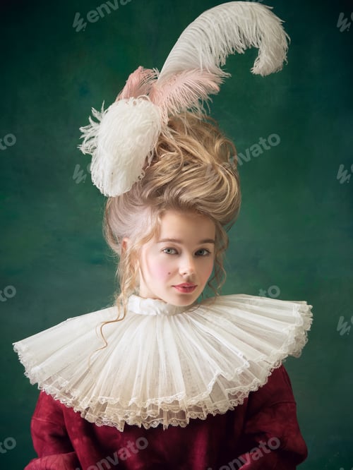 Preview: Young woman as Marie Antoinette on dark background. Retro style, comparison of eras concept