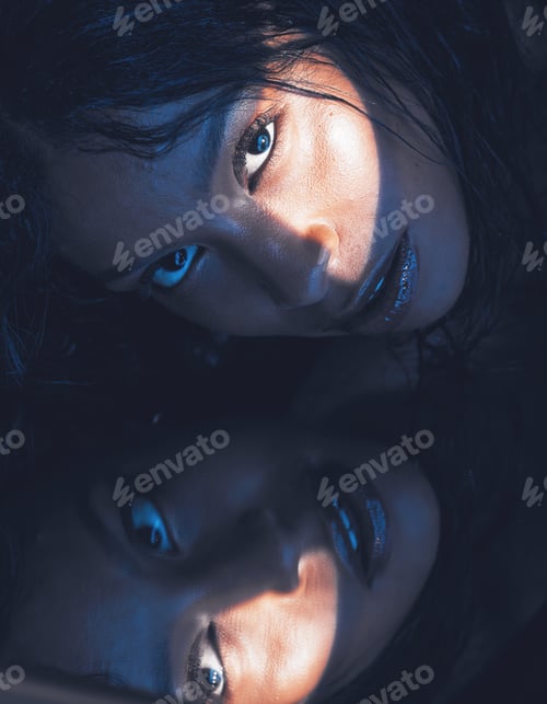 Preview: Beauty, face and black woman reflection portrait for natural skincare, cosmetics or makeup zoom. Mi