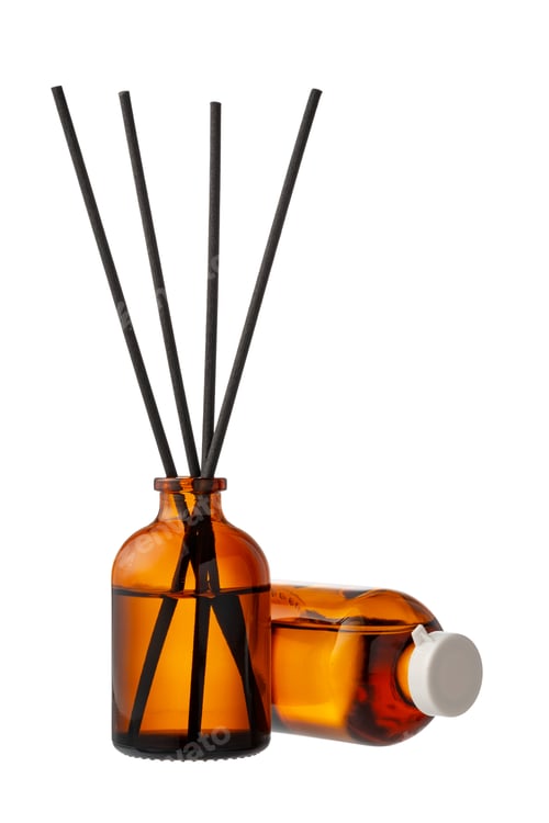 Preview: Aromatic diffuser bottle with sticks isolated on white background