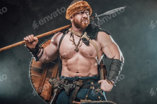 Preview: Scandinavian warrior with spear poses in foggy background