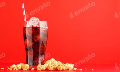 Preview: Cola with ice over red background