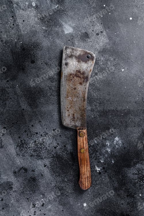 Preview: Vintage butcher cleaver with wooden handle. Black background. Top view