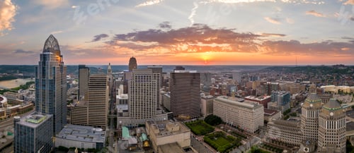 Preview: Cincinnati Ohio urban architecture in city downtown at sunset