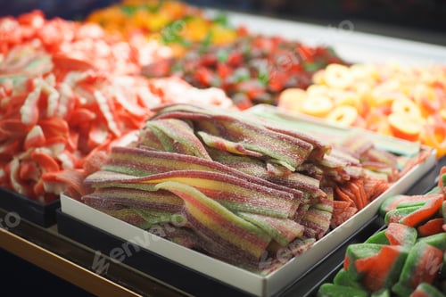 Preview: Mixed colorful jelly, gummy candies display for sales