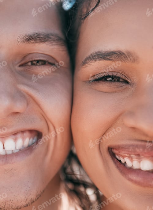 Preview: Happy, portrait and closeup selfie of couple outdoors for fun, bonding and togetherness, smile and