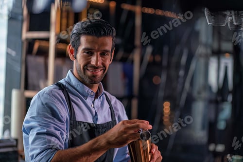 Vista previa: camarero sonríe sosteniendo en la mano una coctelera de acero