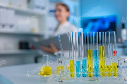 Preview: A glass tube filled with chemical liquid in biotechnology laboratory.