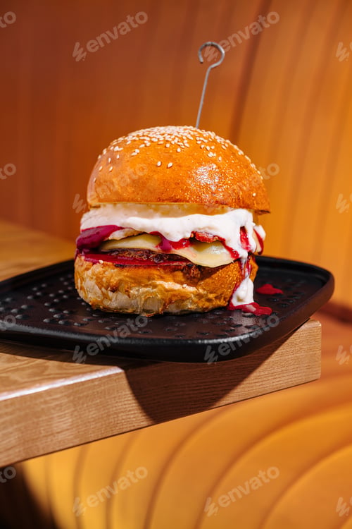 Preview: Gourmet burger on wooden background
