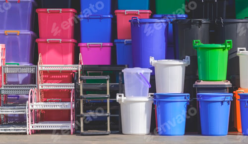 Preview: Group of plastic buckets with shelf and multipurpose storage boxes stack in front of household shop
