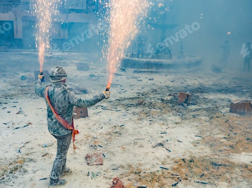 Preview: Ibi, Spain - December, 28 2018: People celebrating victory in flour and eggs battle