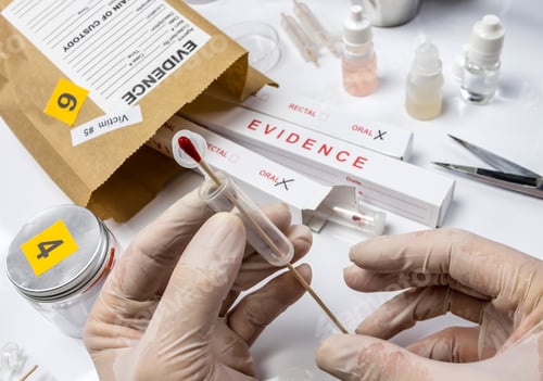Preview: Hematological analysis with forensic test kit in a murder in a crime lab, conceptual image