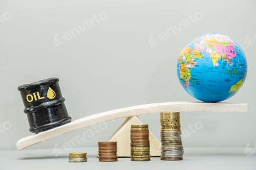 Preview: An oil barrel, globe balancing on a board above stacks of coins. Global economy