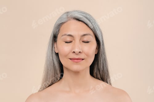 Preview: Pretty shirtless naked caucasian middle-aged mature woman with pure aging skin eyes closed
