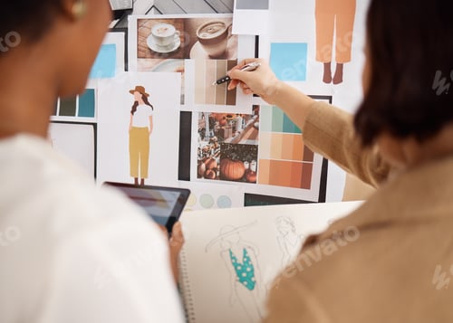 Preview: Fashion designer, planning and creative people for sketch, color palette and branding choice on moo
