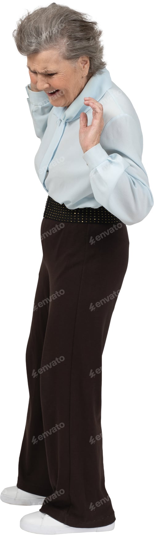 Preview: an older woman wearing a blue shirt and black pants