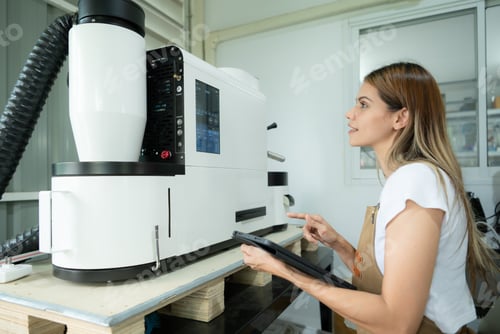 Preview: Young woman in apron using digital tablet for checking quality of of coffee beans