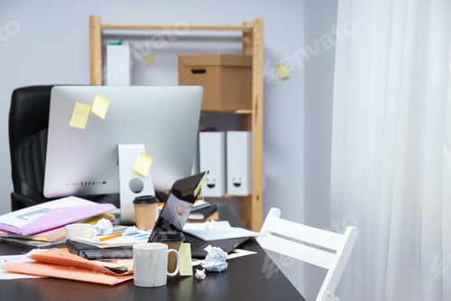 Preview: Messy office workplace, workplace and workspace concept