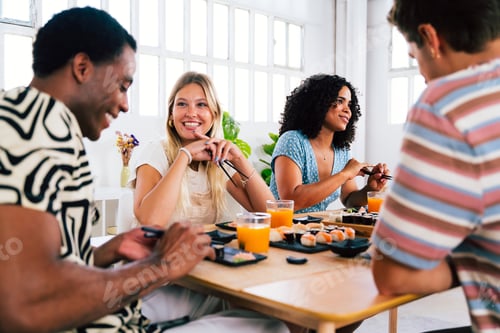 Preview: Multiethnic group of young friends meeting at home and eating sushi