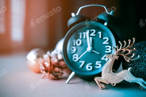 Preview: Christmas Decoration, Light Bokeh And Alarm Clock For Christmas And New Year Concept Background