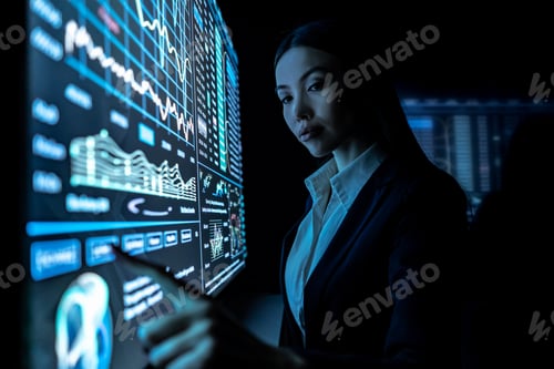 Preview: The woman works with graphics on a black monitor.
