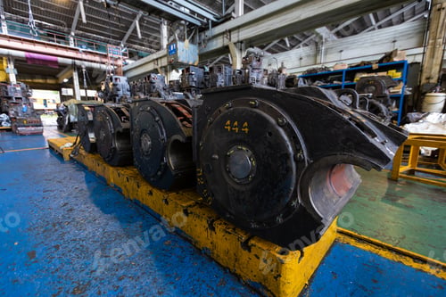 Preview: Locomotive diesel engine spare parts in a maintenance workshop Cylinder blocks