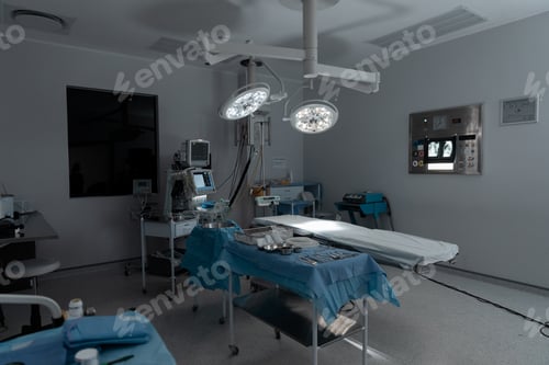 Preview: Surgical instruments, operating table, lights and equipment in modern hospital operating theatre