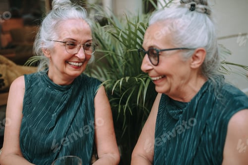 Preview: Happy senior women twins having coffee break in city, smiling and talking.