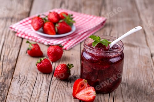 Preview: Homemade delicious strawberry jam and strawberry on a rustic wooden table