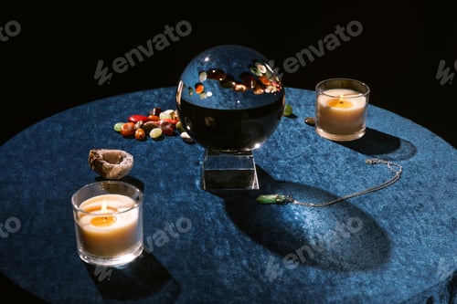 Preview: Crystal ball near candles and fortune telling stones on dark blue velour cloth isolated on black