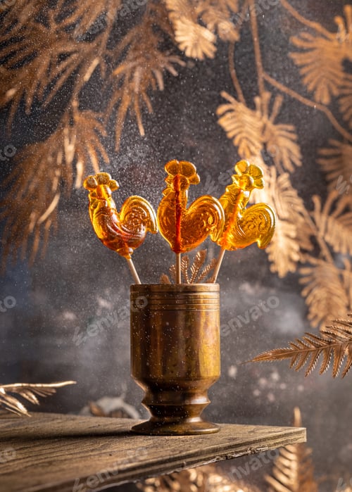 Preview: Russian lollipops-cockerels in a gold cup on a gold background surrounded by festive branches