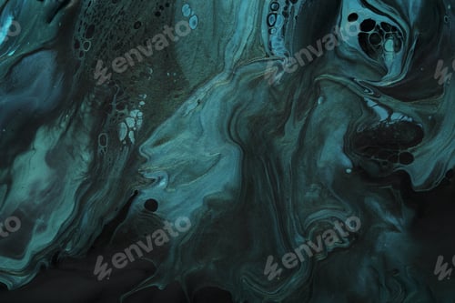 Preview: Fluid Art. Muted green waves on black background. Marble effect background or texture