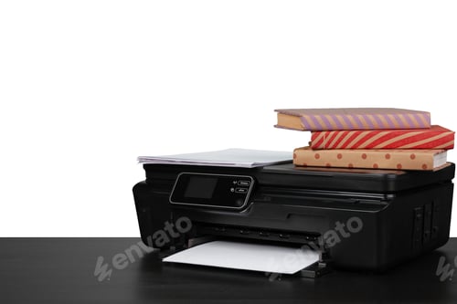 Preview: Working table with printer and stacked books on white abckground