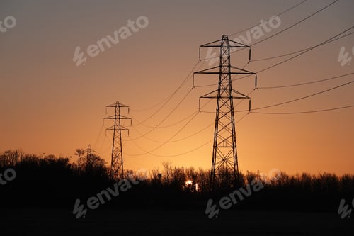 Preview: High voltage electrical tower with wiring on a beautiful sunset