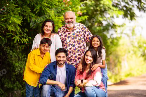 Preview: Indian family bonding happily while standing outdoors and smiling together