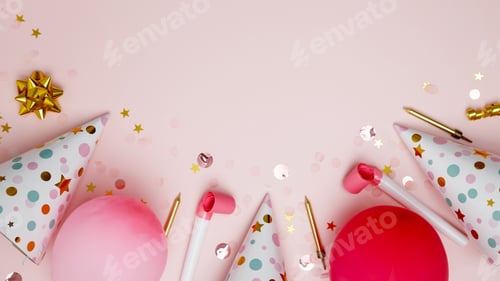 Visualização: Conceito de comemorações festivas de aniversário. Atributos de aniversário: balões coloridos, chapéus de festa