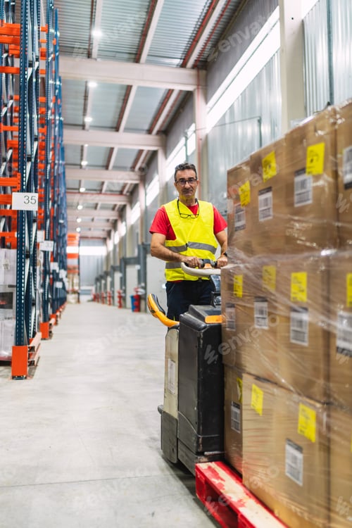 Preview: Warehouse worker moving boxes with pallet truck in logistics center