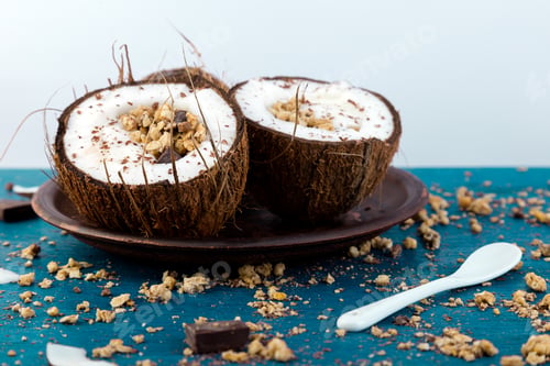 Preview: Healthy breakfast in coconut bowl.
