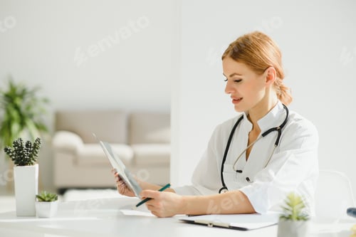 Preview: Medical doctor woman in the office.