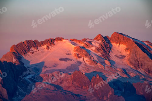 Preview: Sunset from the top Lagazuoi mountain towards Marmolada peak, Dolomites, Italy