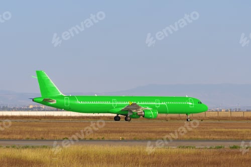 Preview: Green passenger airplane at the airport on sunny day