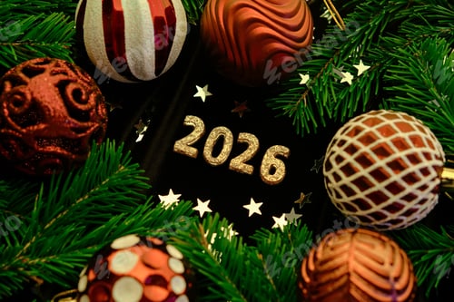 Visualização: Fundo escuro de Ano Novo de 2026. Número do próximo ano na decoração de Natal.
