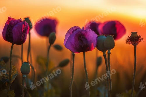 Preview: Closeup of blooming opium poppy crops in cultivated field.