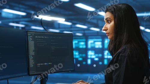 Vista previa: Mujer supervisando superordenadores que proporcionan recursos de procesamiento y memoria