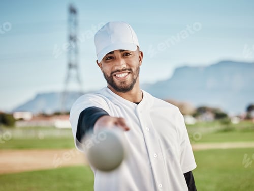 Preview: Man, bat or baseball player portrait on field, sports grass or arena grounds for game, match or com