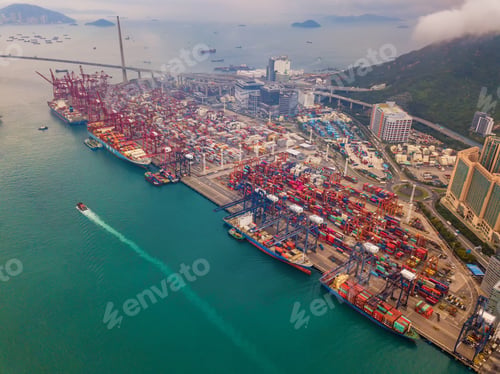 Preview: container cargo ship in the export and import business and logistics. Shipping to the harbor