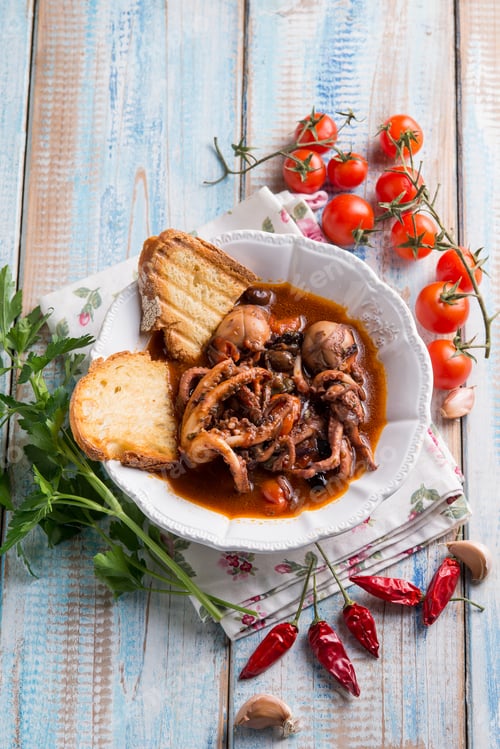 Preview: octopus with tomato sauce and hot chili pepper