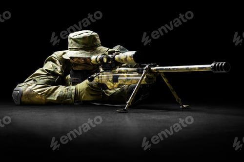 Preview: Sniper Took The Position And Waits For The Goal. Mixed Media