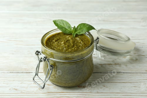 Preview: Jar of Pesto sauce on white wooden background