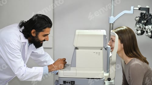 Preview: Indian male ophthalmologist sitting by medical equipment and examining eyesight.